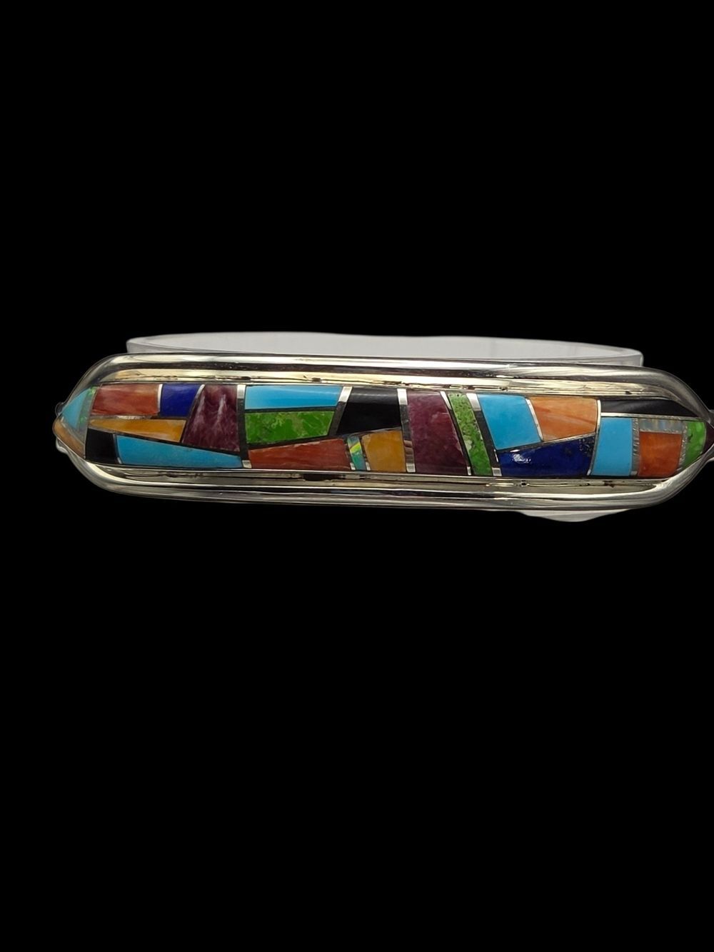Native American Multicolor Inlay Sterling Silver Cuff, LC Hallmark